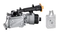 KRONTEK oil coolers: a plate oil cooler with its filter housing, and a smaller stacked-plate cooler