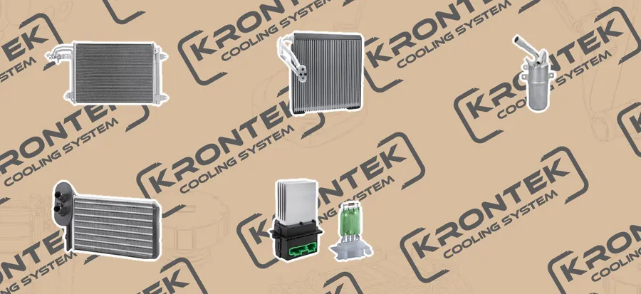 KRONTEK air-conditioning and heating parts: a condenser, an evaporator, a receiver drier, a heater core, and a blower regulator with a resistor pack