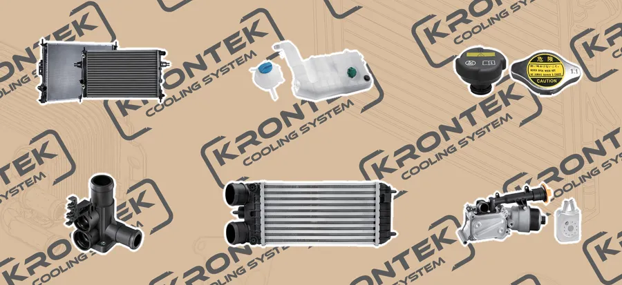 KRONTEK engine cooling parts: two radiators, an expansion tank, two caps, a coolant flange, an intercooler and an oil cooler