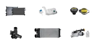 KRONTEK engine cooling parts: two radiators, an expansion tank, two caps, a coolant flange, an intercooler and an oil cooler
