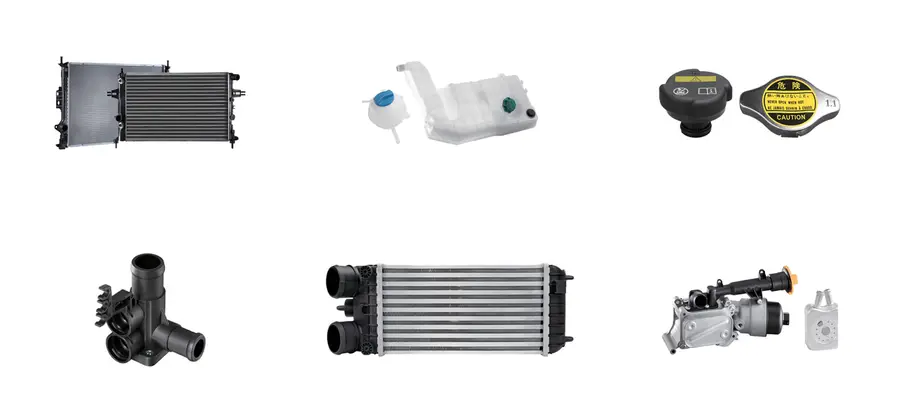 KRONTEK engine cooling parts: two radiators, an expansion tank, two caps, a coolant flange, an intercooler and an oil cooler